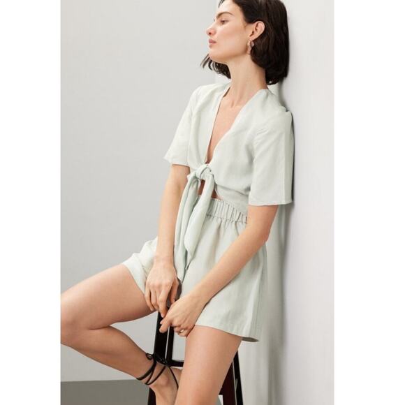 Thakoon Collective Women's Mint Tie Waist Cap Sleeves Plunge Neck Romper Size 10 - Picture 3 of 12